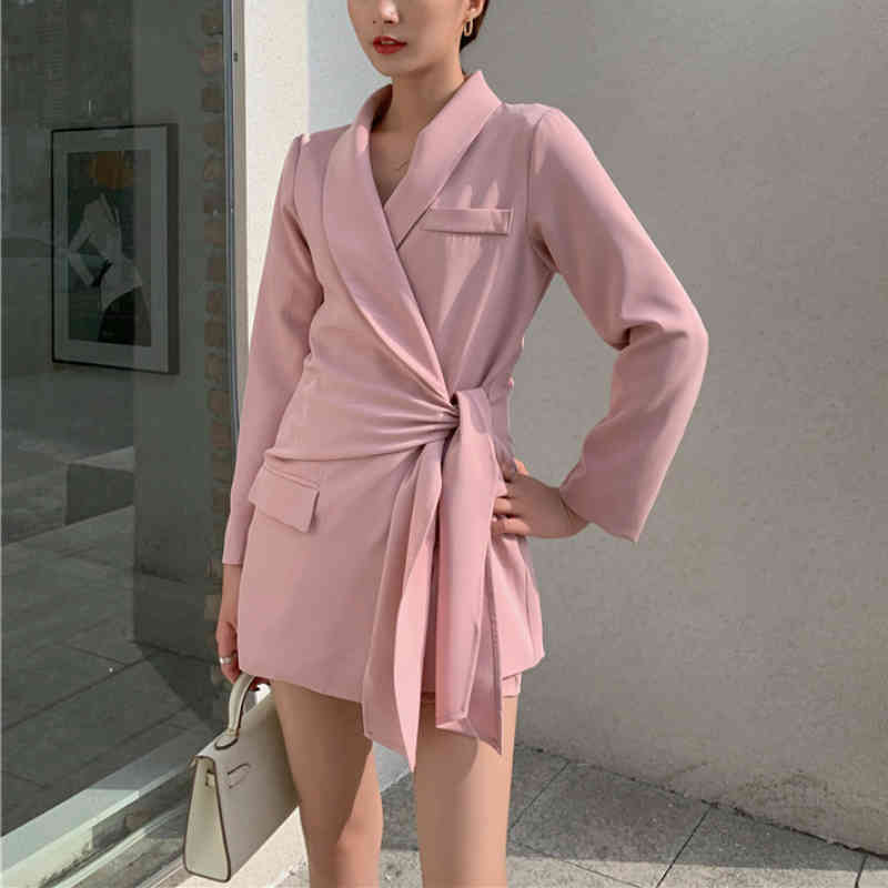Korea Retro Long Sleeve Lace Up Blazers Suits Spring Summer Jackets And Shorts Two Piece Set Office Ldy Clothing 210514