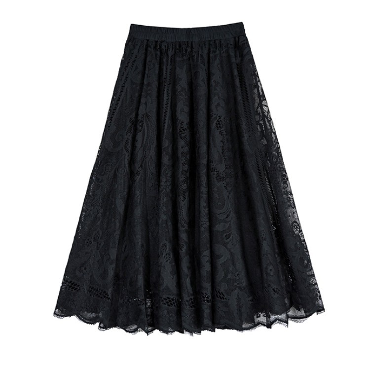 Elastic High Waist Lace Skirts Womens Spring Autumn Korean Elegant Casual A-line Black Long Skirt Female 210519