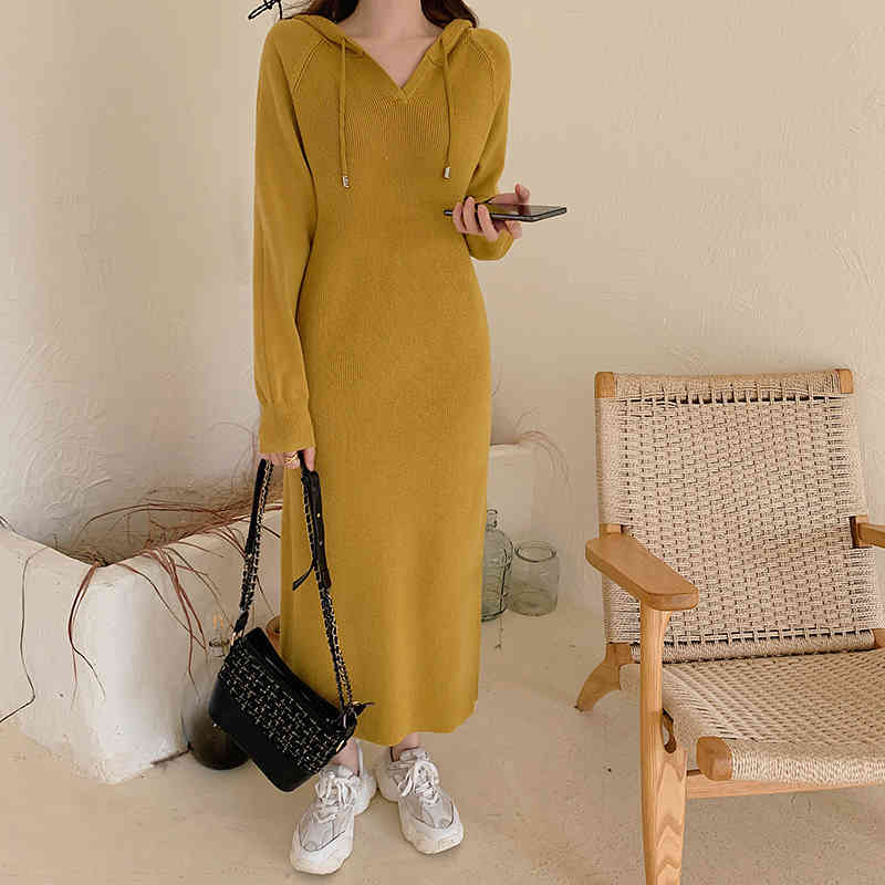 Arrival Autumn Winter Women Hooded Dresses Knitted Loose Fashion Korea Chic Elegant Casual Solid Midi Female Long Vestidos 210520