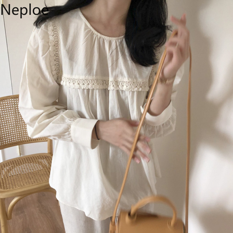 Neploe Korean Chic Blouse Women Lace Patchwork Shirt Female O-neck Lantern Sleeve Blouses Tops Blusas Mujer De Moda 4F991 210422