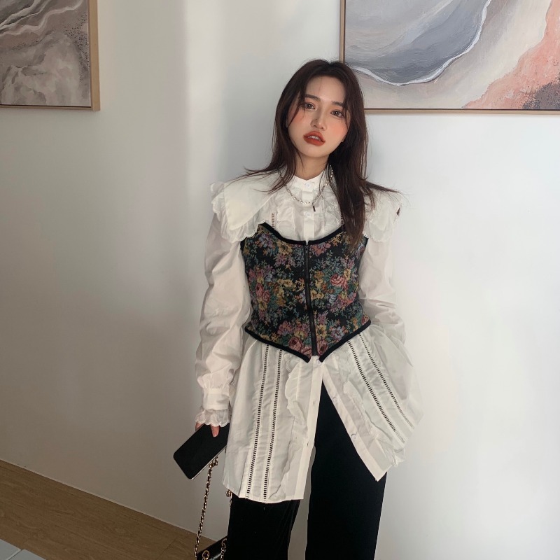 Nomikuma Women Two Pieces Sets Medium-long Peter Pan Collar Blouse Shirt Vintage Floral Sling Vest Korean Spring Outfits 6E834 210427