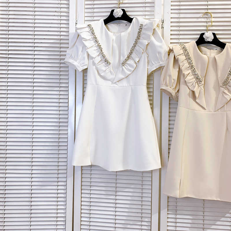 DEAT Women Diamond Ruffles Dress Round Neck Short Sleeve Arrivals Lady Temperament Fashion Spring Summer 11D1733 210709