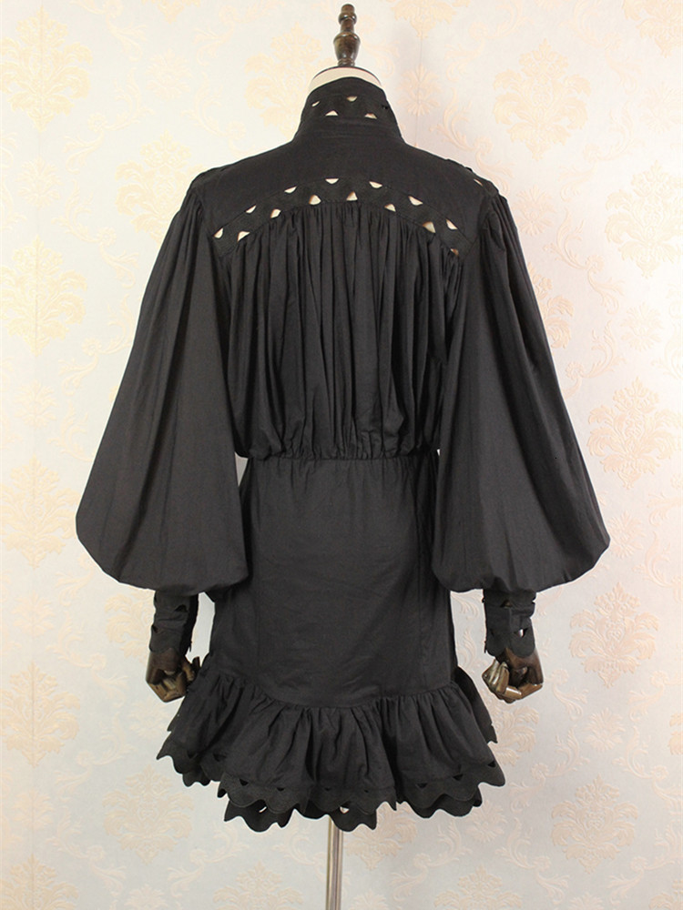 Autumn High Street Runway Dress Women Elegant Ruffles Lantern Sleeve White Hollow Out Mini Trumpet Dress Cotton Dress 210515