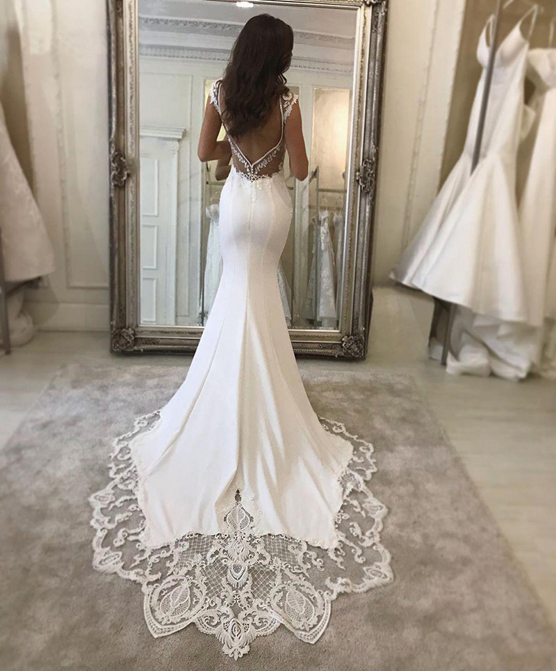 Sexy Mermaid Dresses V Neck Satin Appliqued Lace Bridal Gown Vestido de novie Train Wedding Gowns Plus Size 0509
