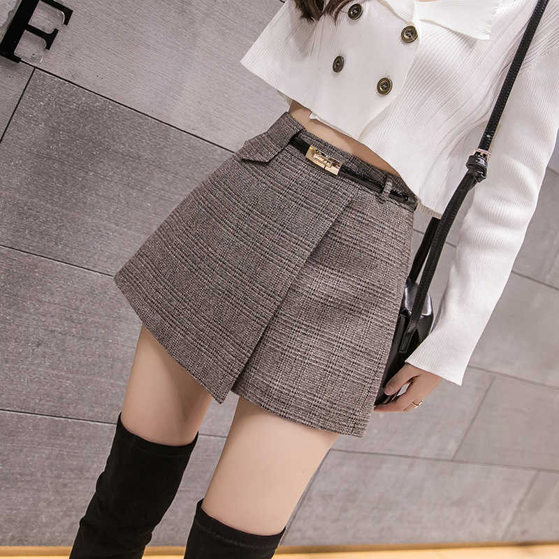 Irregular Woolen Plaid Shorts Skirts For Women Atumn Winter Office Short Plus Size Booty Feminino 210714