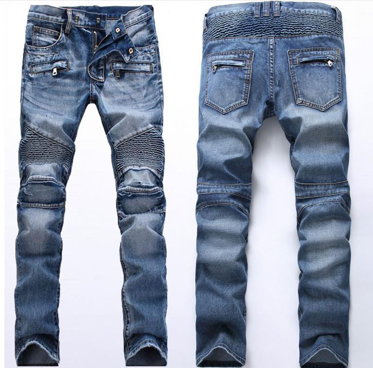 fashion jeans men's light pleated slim straight motorcycle pants, Blue 
fashion jeans men's light pleated slim straight motorcycle pants, Blue