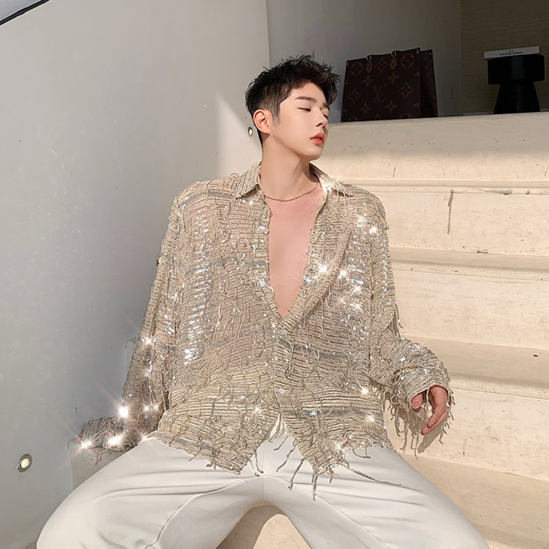 IEFB Spring Summer Product Irregular Sequin Tassel Shirt Niche Streetwear Fashion Long Sleeve Shirts Men's Tops 9Y7232 210524