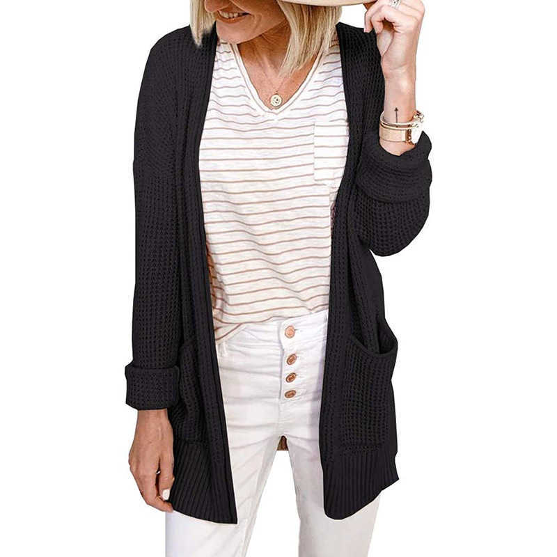 Korean Style Ladies Autumn Winter Loose Slim Sweater Cardigan For Women Mesh Plaid Pattern Pockets V-Neck Knitted 210604