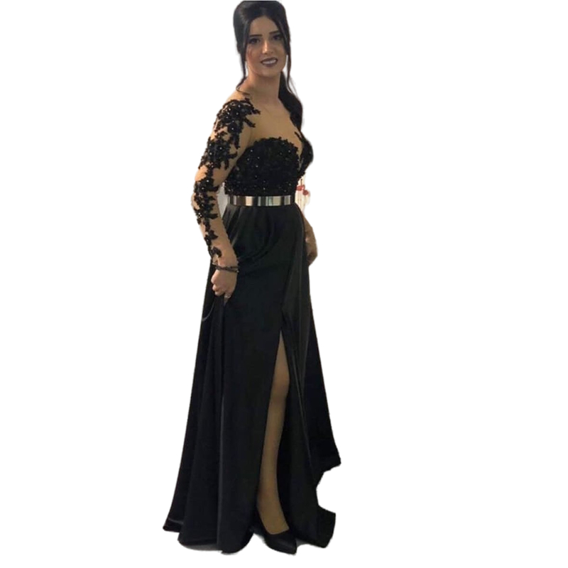 Elegant Black Formal Evening Dresses Beaded A Line 2022 Sweetheart Illusion Neck Long Sleeve Prom Dress with Gold Belt Sash Sexy Slit Satin Special Oc