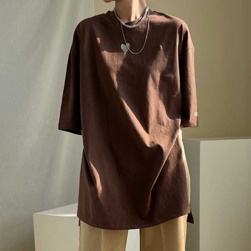 Korejpaa Women T-Shirt Summer Korean Chic All-Match Love Printed Round Neck Loose Mid-Length Short-Sleeved Split Pullover 210526