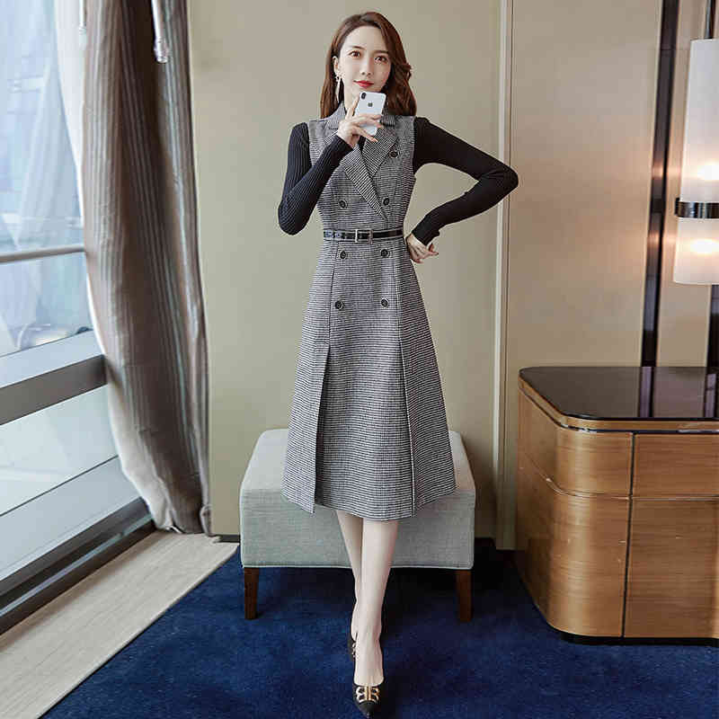 Women Plaid Elegant Office Dresses Lady Work Sleeveless Strap Spring Turn-Down Collar Blazer Female Suit 210428