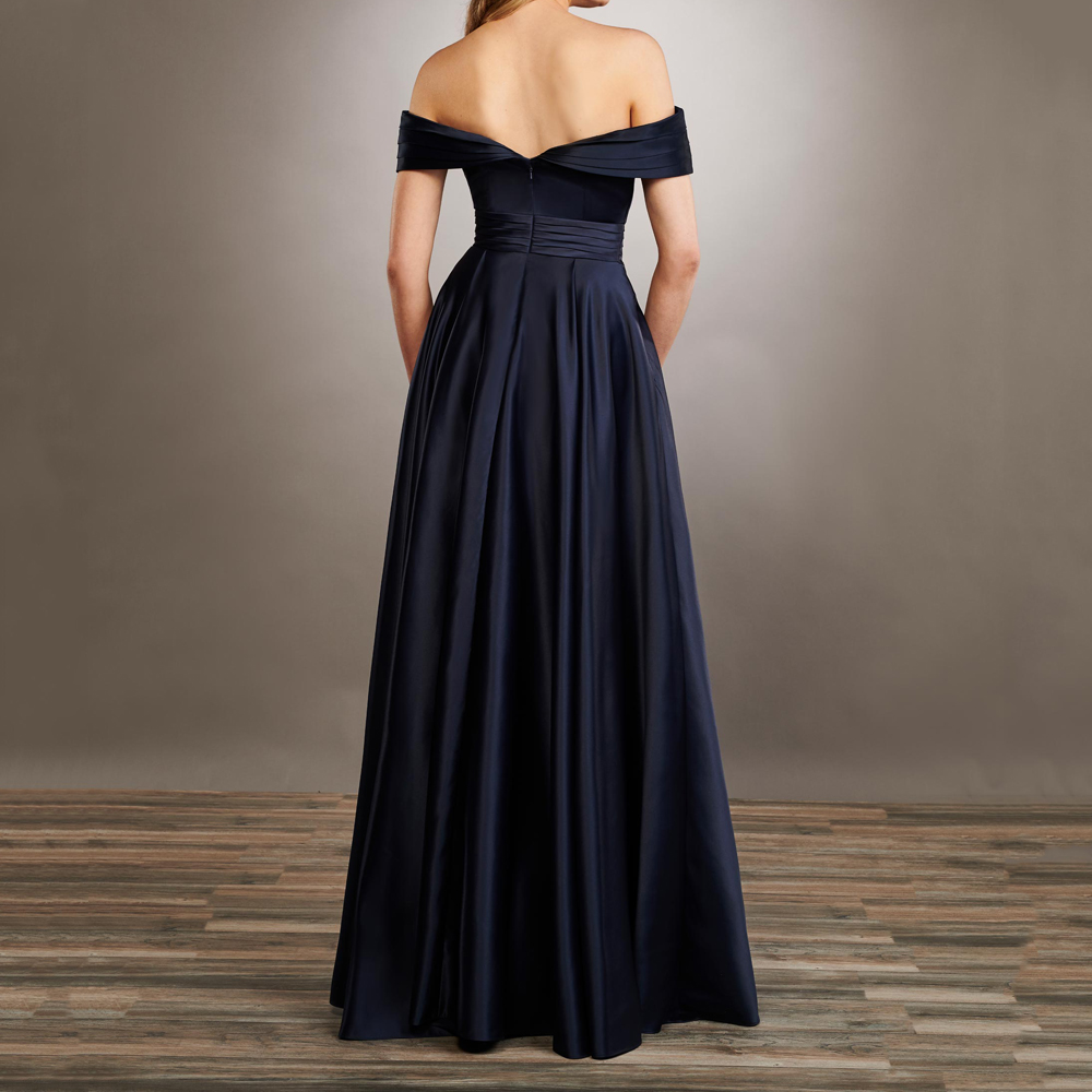 Dark Navy Bridesmaid Dress Satin Strapless Zipper Back Floor Length Wedding Party Gowns with Side Pockets