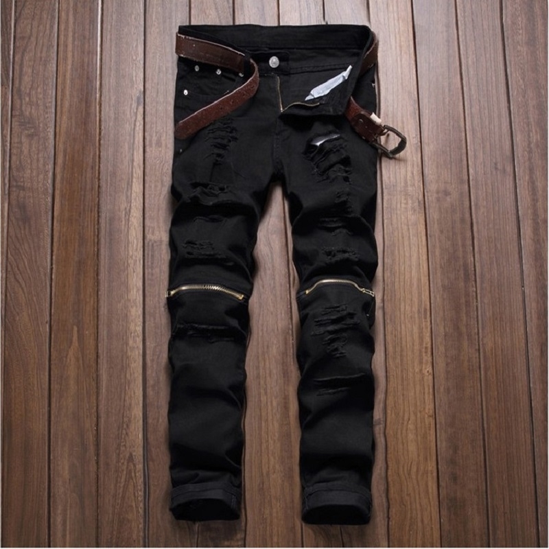 Men's Pants Hole Cut Slacks Knee with Zipper Foot Stretch Trousers Ripped Jeans White Skinny Pencil Pants Joggers for Male 210518