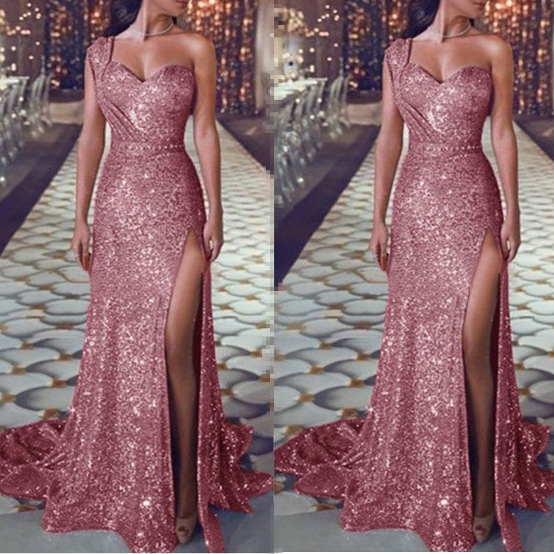 Women's One Shoulder Sexy Sleeveless Elegant Mermaid Long Party Dress for Sequined Formal 210428