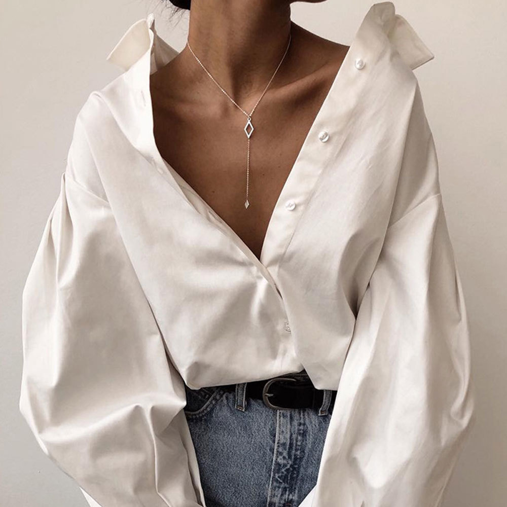Lantern Sleeve Elegant Shirt Sexy V Neck Button Vintage Blouse Turn Down Collar Office Lady Loose Oversized Female Casual 210428