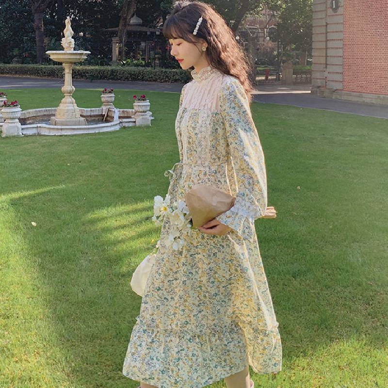 Chiffon Floral Midi Dress Women French Sweet Vintage Dress Ladise Long Sleeve Elegant Flower Dress Korean Spring 210521