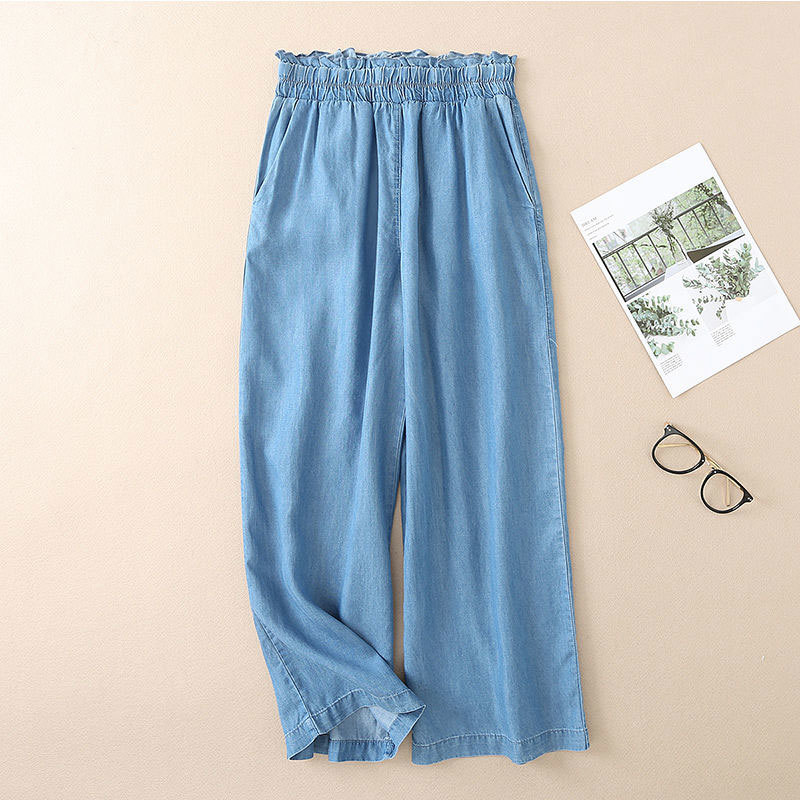 Spring Summer Fashion Women Jeans High Waist Loose Thin Wide Leg Cotton Denim Casual Ankle-length Pants Plus Size D53 210512