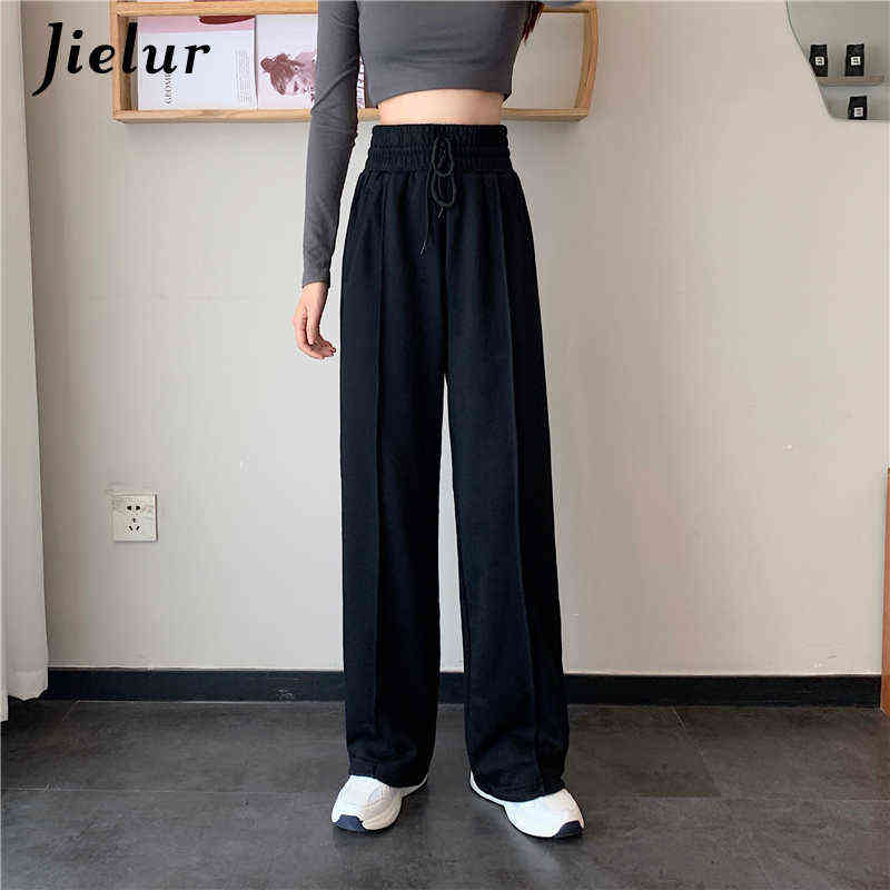 Jielur High-waisted Pants Drawstring M-XL Wide Leg Women Cool Black White Casual Harajuku BF Sweatpants Trousers 211115