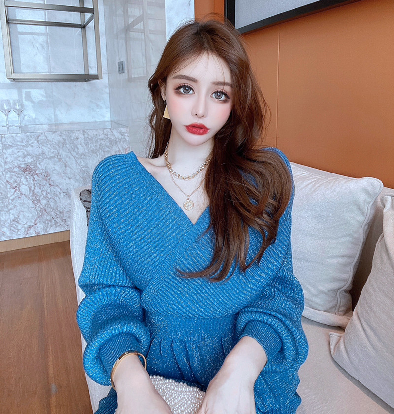 Autumn Winter Women Two Piece Set Shinning Knitted Bat Sleeve Sweater + High Waist Bodycon Skirt Suits 210520