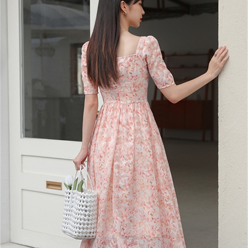 Summer Women Elegant Square Collar Short-Sleeved Chiffon Dress Korean Fashion High Waist Floral Print Vintage Midi Dresses 210519