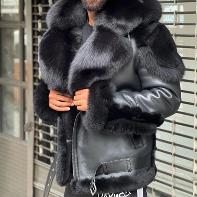 Men's Fur & Faux Leather Winter Jacket Thicken Veet Collar Hooded Zipper Color Block Patchwork Fashion Red Men AAA Discount for in-store purchase
