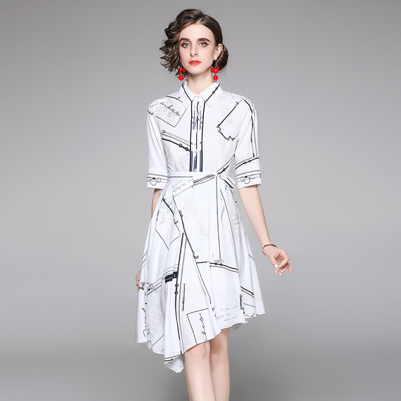 European station women's trendy waist slimming abstract letter printing irregular French shirt dress 210525, White
European station women's trendy waist slimming abstract letter printing irregular French shirt dress 210525, White