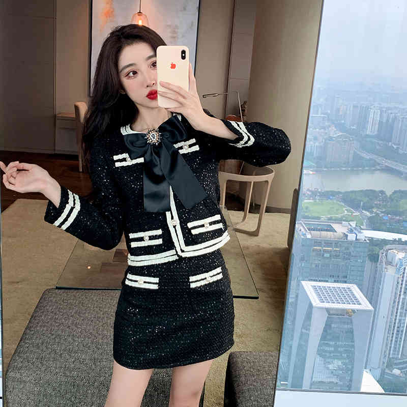 Autumn Winter Women 2 Piece Set Elegant Diamond Bowknot Tweed Short Jacket Coat + High Waist Mini Skirt Suit 210519