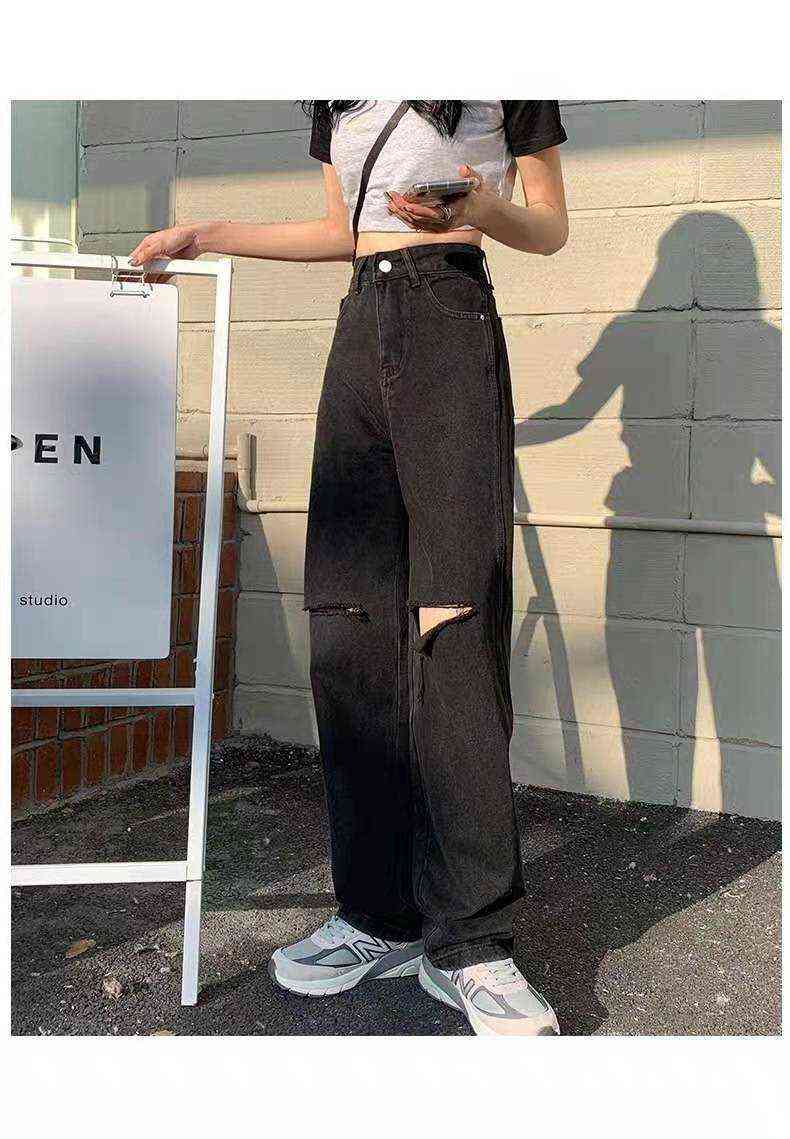 Black high-waist ripped straight-leg jeans women's spring and autumn loose thin drape wide-leg mopping pants 211129