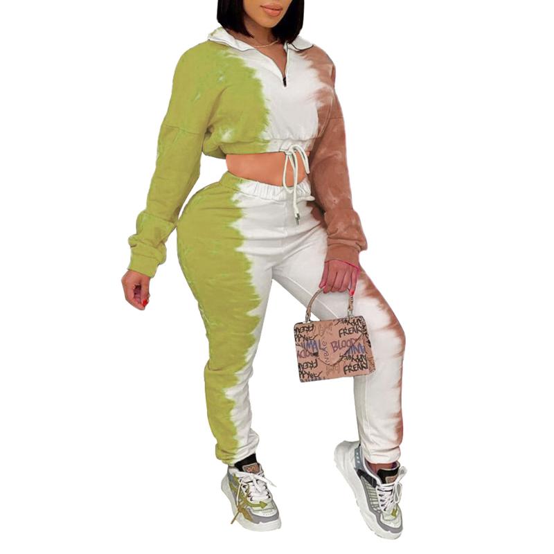 Women 2PC Tracksuit Sets Tie-dye Color Gradient Clothes Zipper Lapel Long Sleeve Crop Sweatshirt Tops/Elastic Waist Pants Women's Tracksuits
