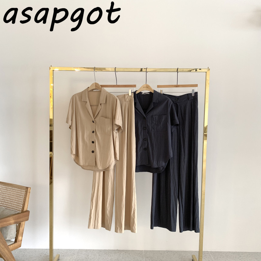Matching Sets Pants Summer Casual Short Sleeve Turn Down Collar Blouse Tops Single Breasted High Waist Straight Wide Leg Pant 210429