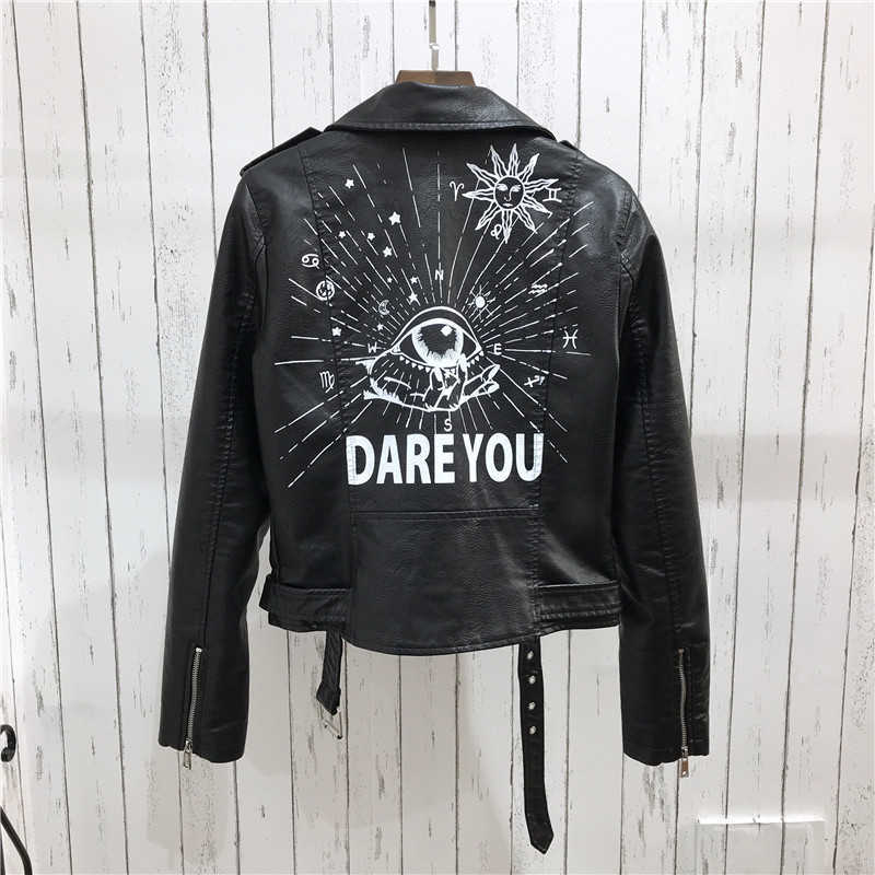 Graffiti Rivet Letters Locomotive Leather Jacket Fashion Women Short Jackets PU Waterproof Cool Coat Dropship 211014