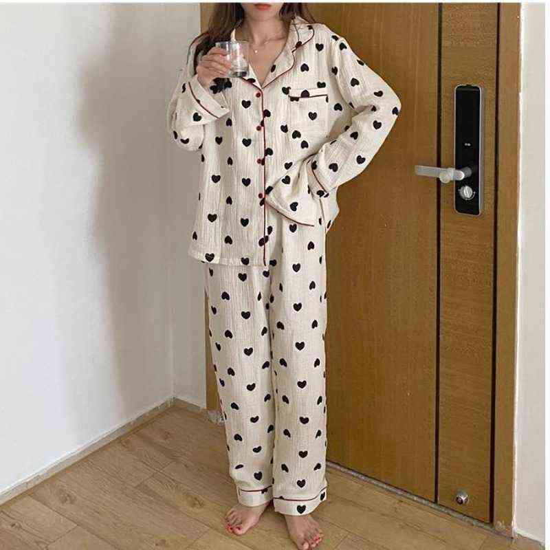 QWEEK Cotton Pijama Heart Print Pajamas for Women Korean Sleepwear Autumn Pyjama Pour Femme Long Sleeve Set Woman 2 Pieces Pjs 211118
