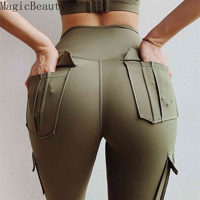 Women Elastic High Waist Fitness Gym Pockets Legging Solid Push Up Workout Cargo Pants 210820