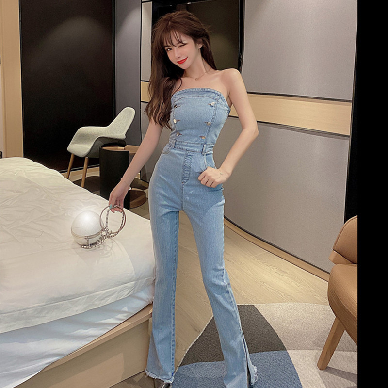 Spring Women Strapless Jeans Jumpsuits Buttons Sexy Woman Fashion Pockets Split Denim High Waist Slim Jumpsuit 210519