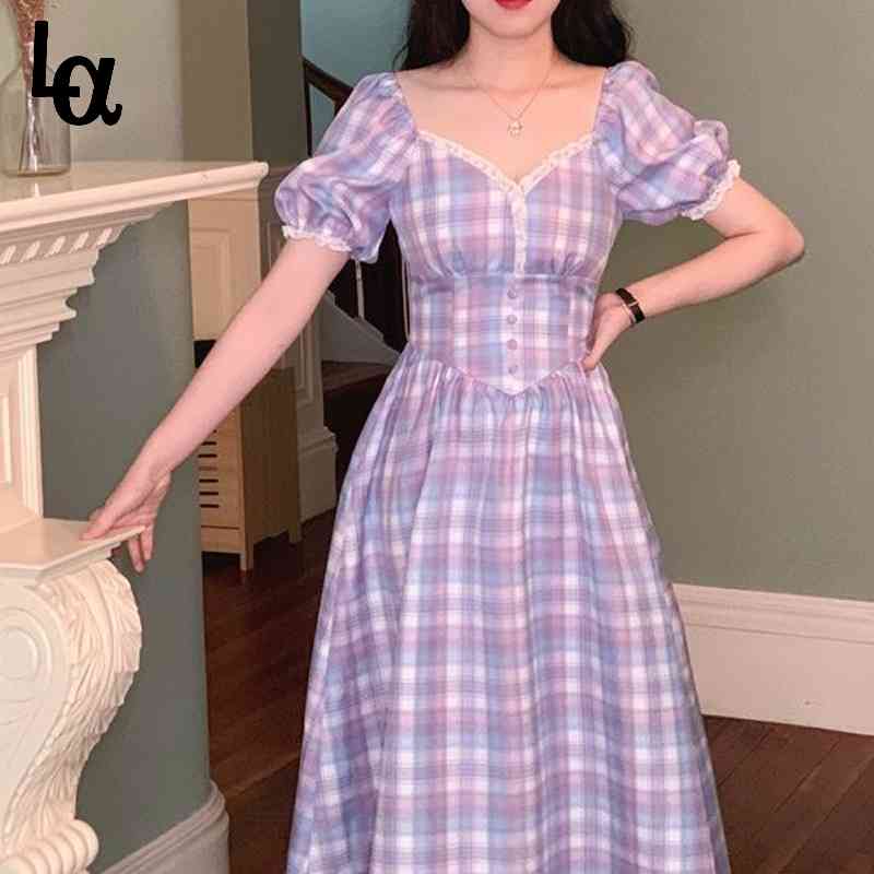 Women Plaid Purple Puff Sleeve Elegant Dress Square Colalr High Waist Maxi Holiday Lady Beach Vestidos 210519
Women Plaid Purple Puff Sleeve Elegant Dress Square Colalr High Waist Maxi Holiday Lady Beach Vestidos 210519