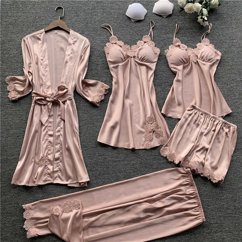 Women Pajamas 5 Pieces Satin Sleepwear Pijama Silk Home Wear Home Clothing Embroidery Sleep Lounge Pyjama with Chest Pads 200919