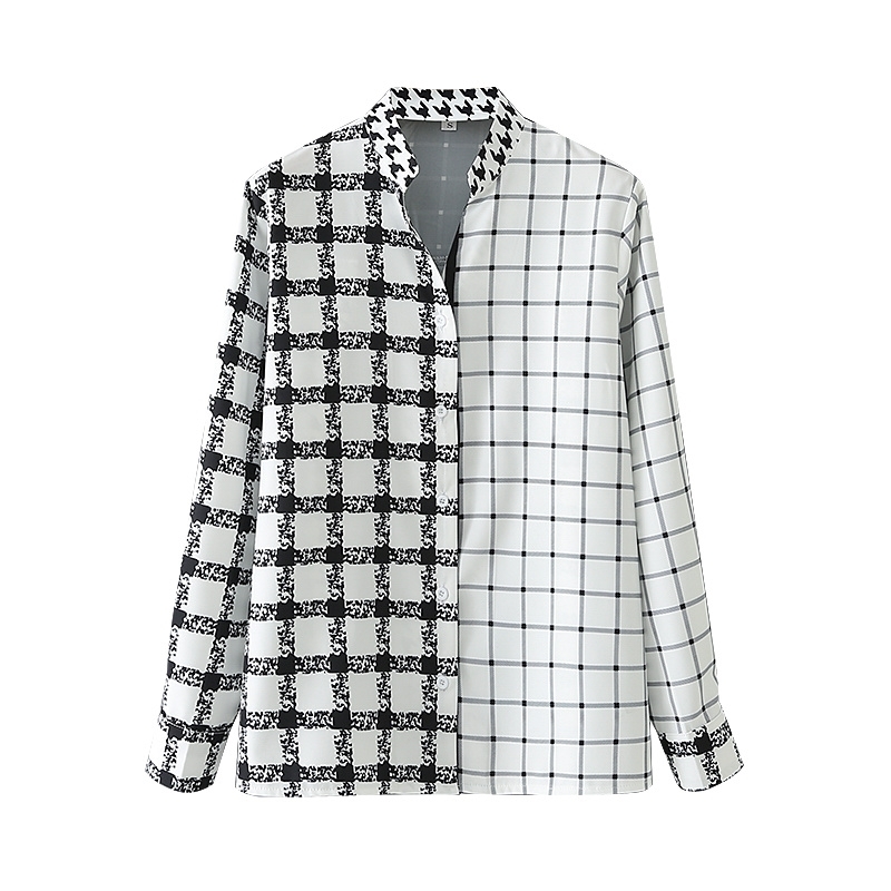 Causal Women Black White Plaid Patchwork Shirts Fashion Ladies Stand Collar Tops Streetwear Female Chic Button Blouses 210430