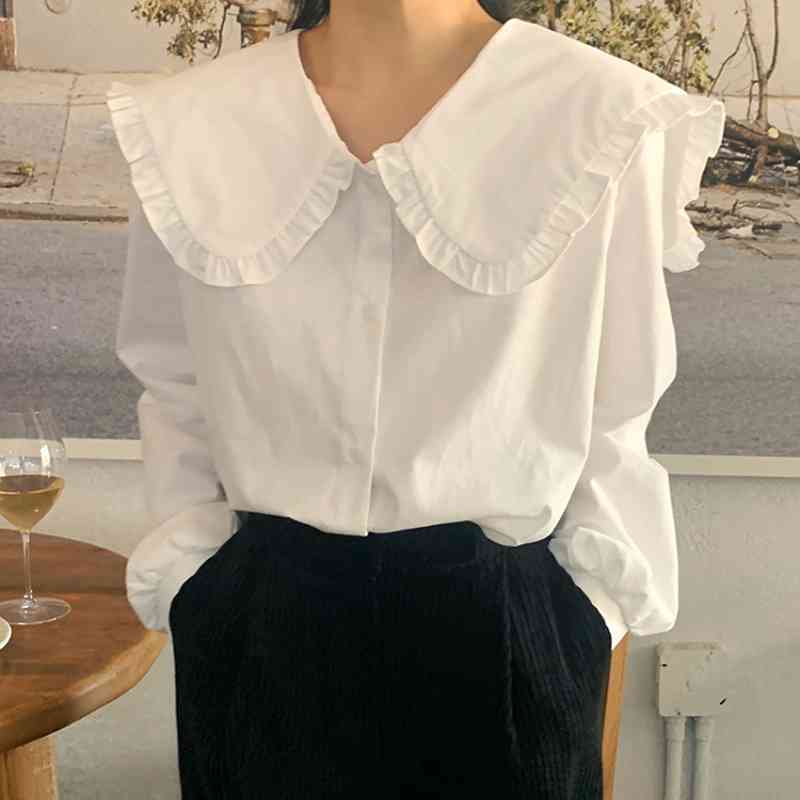 Sweet Ruffled Plus Size White Peter Pan Collar Blouse Women Puff Long Sleeve Loose Chic Office Lady Tops Blusas Mujer Wild 210429