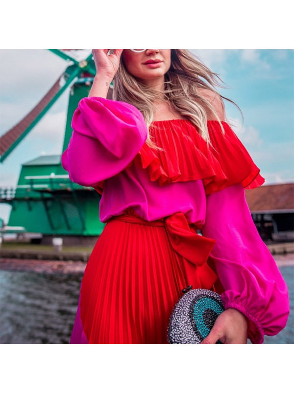 Women Dress Slash Neck Off The Shoulder es Plus Size Summer es Bandage Patchwork Pleated Long 210513