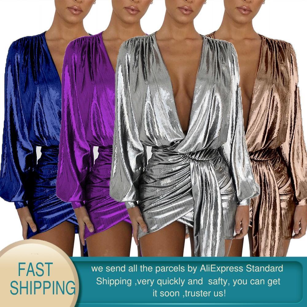 Summer Sexy Skirt Short Dress Deep V-neck es Woman Party Night Women Sequin with Long Sleeves Bodycon 210428
