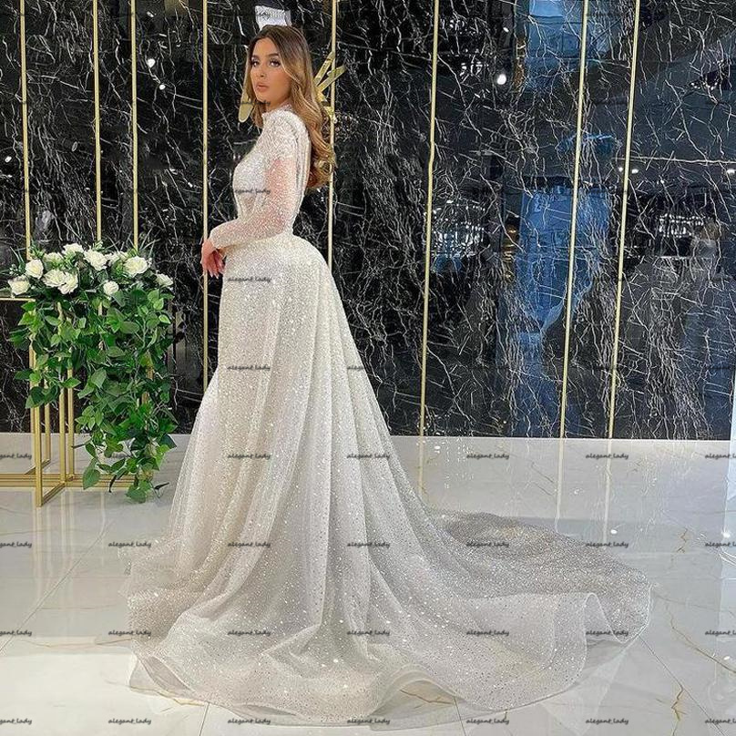 Sparking Long Sleeves Mermaid Wedding Dresses with Detachable Train 2022 Lace Sequined High Neck Backless Bridal Gown Vestido