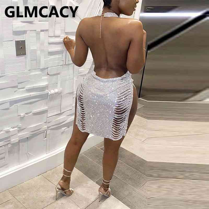 Women Sleeveless Backless Sequined Mini Dress Sexy Ripped Slit Party Club Dresses 210702