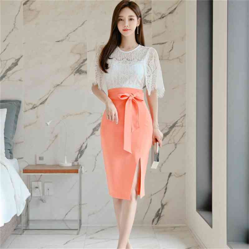 Summer 2 Piece Sets Korea white Lace shirt Top + Bodycon Bowknot Midi pencil Skirt Female Office Suit Dresses 210519