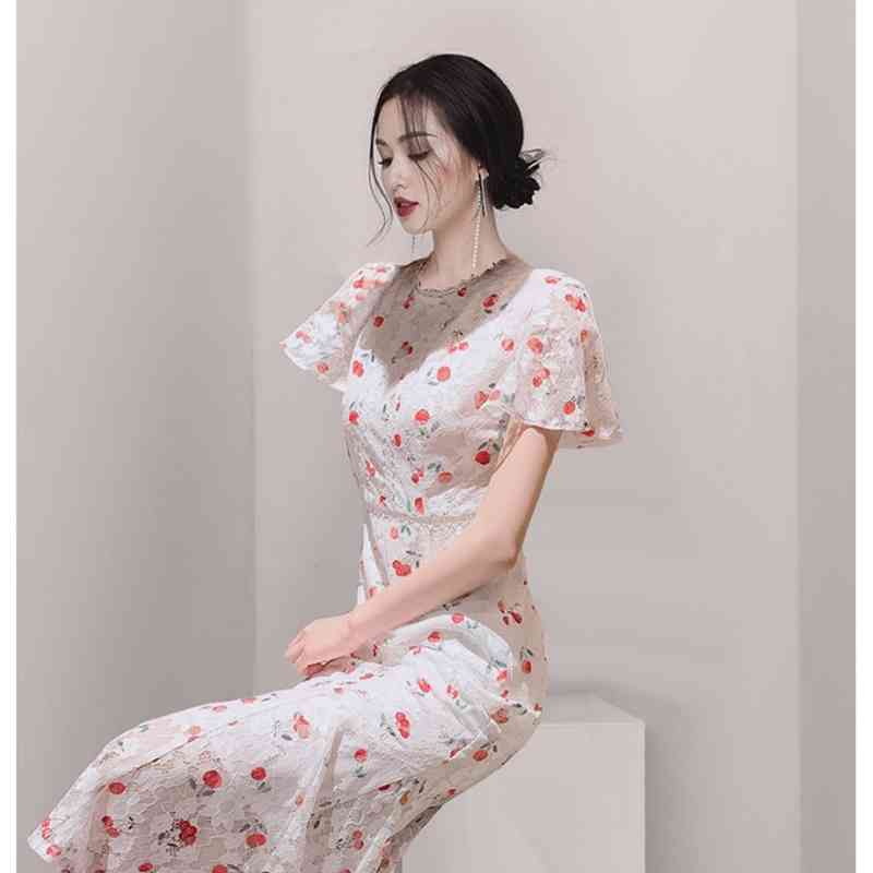 Summer Elegant O-neck Cherry Print Women Dress Short sleeve Slim Bohemia Lace es A-Line Ladies Wrap Vestidos 210520