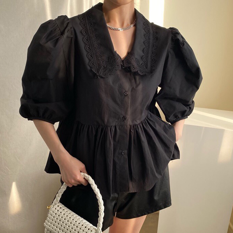 Nomikuma Korea Chic Lace Peter Pan Collat Blouses Puff Short Sleeve Doll Shirt New Ruffle Sweet Blusas Camisas Mujer 6G702 210427