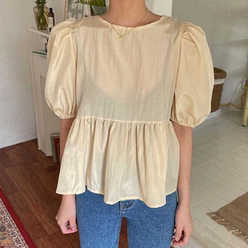 Korejpaa Women Blouses Summer Korean Round Collar Micro-bubble Bubble Sleeve Shirt and Simple Sling Knitted Vest Suit Top 210526