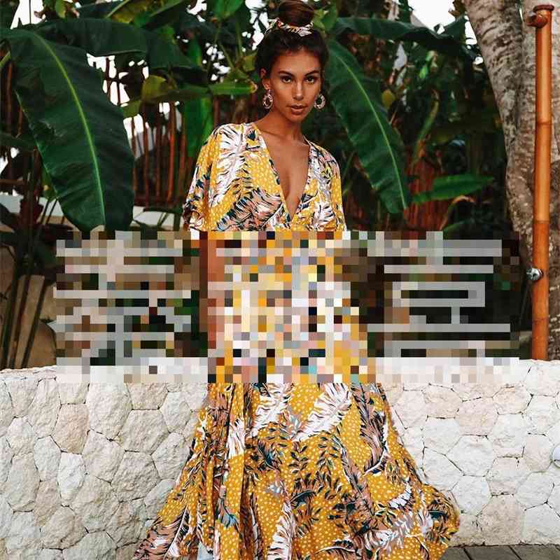 Women Dress Deep V Neck Short Sleeve Printed Bohemia es Sexy Long Print Floral Maxi Summer Beach es 210524