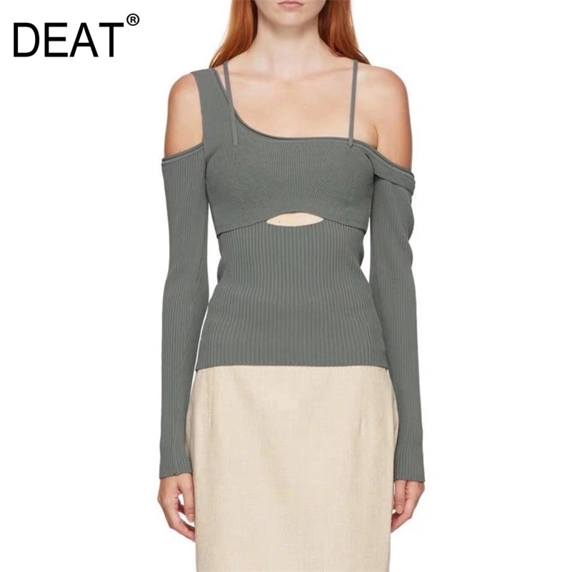 DEAT asymmetrical full sleeves square knitting elastic patchwork backlesss sexy top female fashion too WO13301M 210625