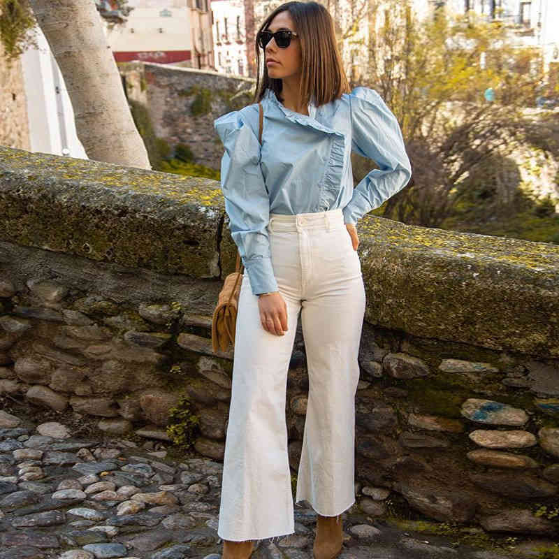 Women Puff Long Sleeve Blue Blouse Retro Vintage Ladies Office Solid Ruffles Shirt Streetwear Casual Cotton Tops Blusas 210508