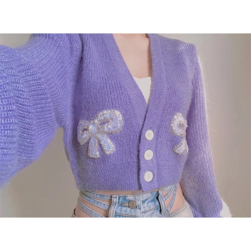Vintage Purple Spliced Sequins Bow Knit Crop Cardigan Women V neck Single-breasted Button Sweater Long sleeve Short Jumper 210429